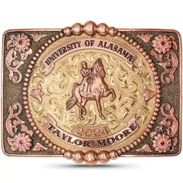 The Birmingham Belt Buckle brings a distinctive western flair to your school or graduation attire! Crafted on a matted Jeweler's Bronze base with an antique finish, intricate Copper details, including scrolls, beaded elements, and banners. Personalize it 